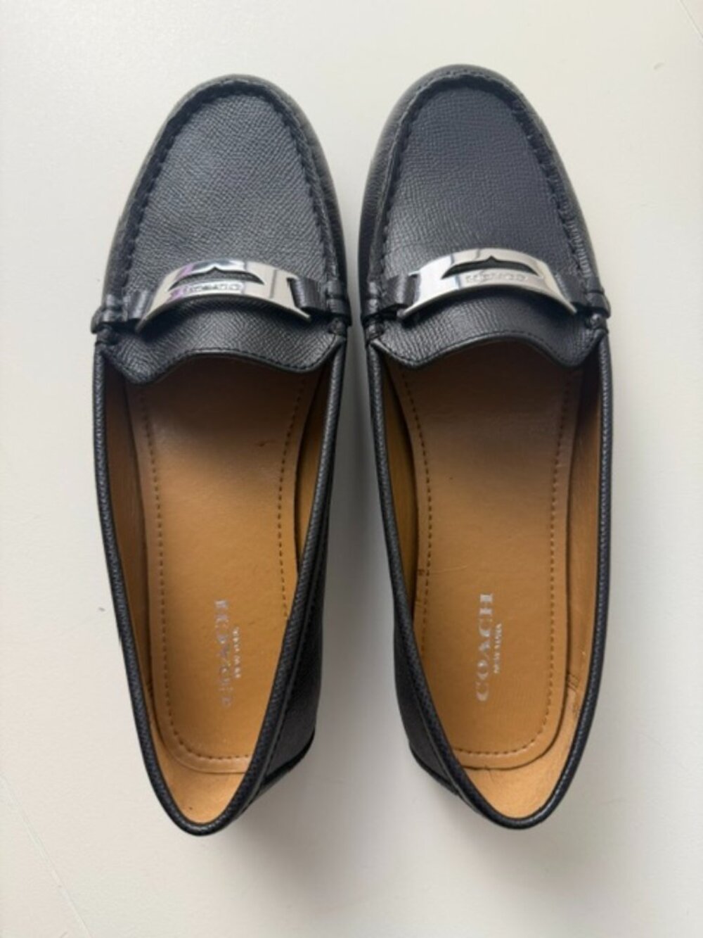 Coach Black Pebbled Leather Driving Loafers Silver Logo